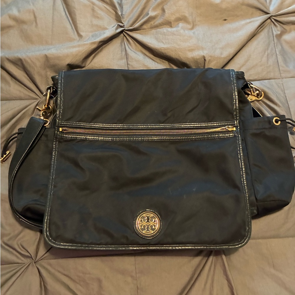 Tory Burch Black Nylon Laptop Bag with Gold Accents